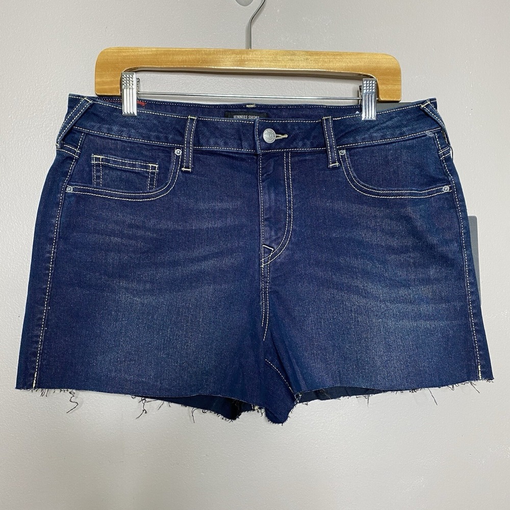 True Religion Women's Size 32 Jennies Mid Rise Curvy Short Raw Hem Dark Wash